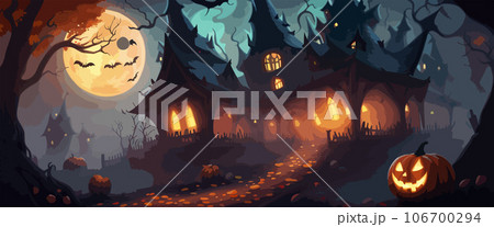 vector halloween haunted old graveyard lit by the glow of the full moon and guarded by orange jack-o'-lanterns under spooky old dead trees. banner for autumn spooky holiday 106700294