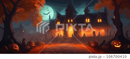 vector halloween haunted old graveyard lit by the glow of the full moon and guarded by orange jack-o'-lanterns under spooky old dead trees. banner for autumn spooky holiday 106700410