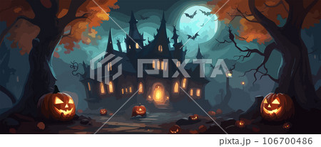 vector halloween haunted old graveyard lit by the glow of the full moon and guarded by orange jack-o'-lanterns under spooky old dead trees. banner for autumn spooky holiday 106700486