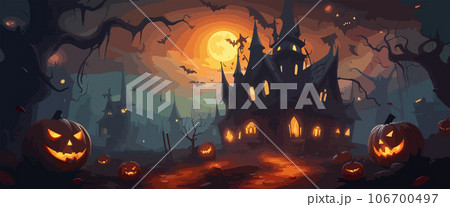 vector halloween haunted old graveyard lit by the glow of the full moon and guarded by orange jack-o'-lanterns under spooky old dead trees. banner for autumn spooky holiday 106700497