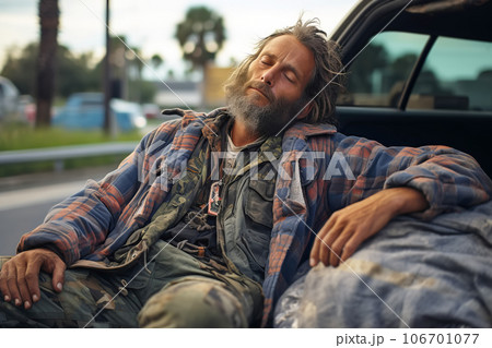 Homeless man sleeping sitting on street in big modern city 106701077