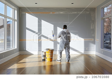 African american house painter male back view in renovation room. Decoration and improvement living or office interior. 106701080