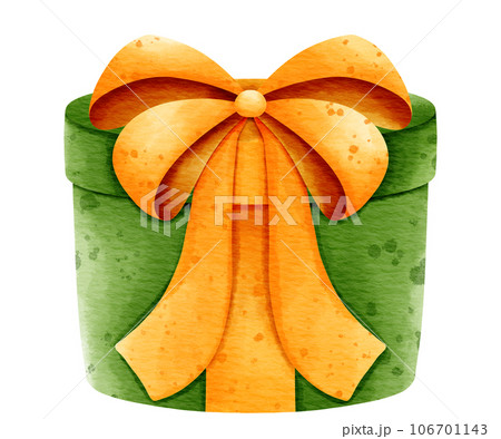 Isolated cute green gift present box with yellow ribbon bow in watercolor style and transparent background 106701143