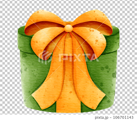 Isolated cute green gift present box with yellow ribbon bow in watercolor style and transparent background 106701143