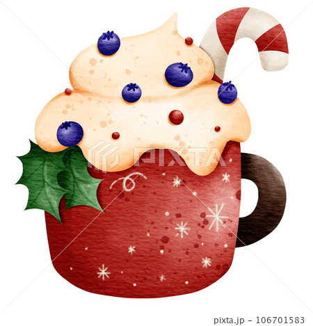 Isolated cute winter christmas berry whipped cream beverage in mug with sugar cane and holly leaves in watercolor style and transparent background 106701583