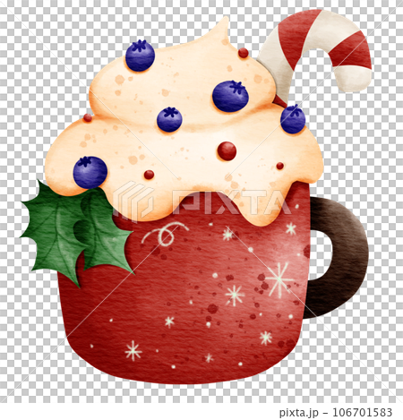Isolated cute winter christmas berry whipped cream beverage in mug with sugar cane and holly leaves in watercolor style and transparent background 106701583