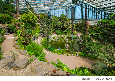 Interior view of the cold house Estufa Fria is a greenhouse with gardens, ponds, exotic plants and trees in Lisbon, Portugal 106701624