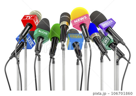 Microphones of different mass media. Press conference or interview concept. 3D rendering Microphones of different mass media. Press conference or interview concept. 3D rendering 106701860