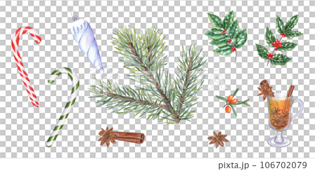 Watercolor Christmas symbols, accessories. Spruce branch, glass cup of warming drink, cinnamon stick, star anise, green ilex leaves with red berries, Xmas icicle, candy canes, sea buckthorn berries 106702079