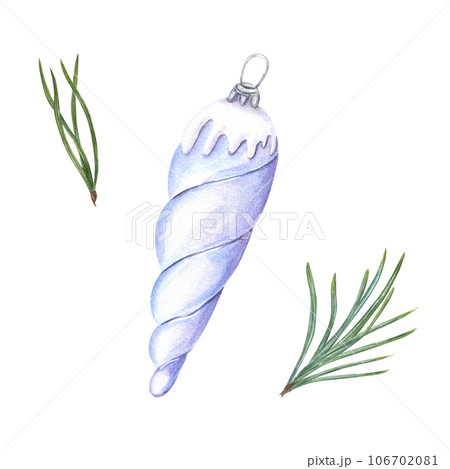 Xmas glass icicle toy for Christmas tree decoration. Fresh green pine needles. Design element. Watercolor illustration for New Year cards, greetings Xmas glass icicle toy for Christmas tree decoration. Fresh green pine needles. Design element. Watercolor illustration for New Year cards, greetings 106702081