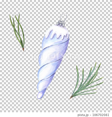 Xmas glass icicle toy for Christmas tree decoration. Fresh green pine needles. Design element. Watercolor illustration for New Year cards, greetings Xmas glass icicle toy for Christmas tree decoration. Fresh green pine needles. Design element. Watercolor illustration for New Year cards, greetings 106702081