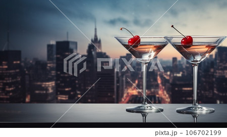 two colorful drinks in martini glass, big night city background, illuminated light skyline and skyscraper, generative AI 106702199