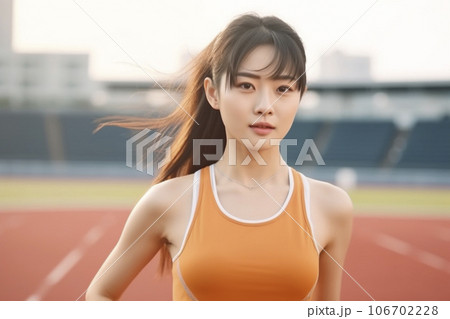 陸上競技場のトラックで練習している日本人女性アスリート「AI生成画像」 106702228