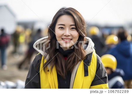 屋外で災害支援の活動に尽力する日本人女性ボランティア「AI生成画像」 106702289