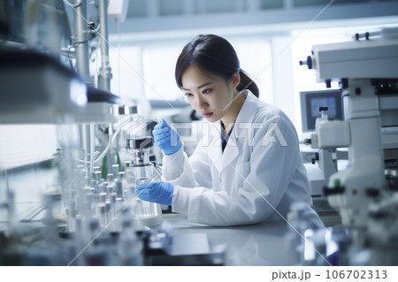 白衣を着て研究施設で働く日本人の女性研究者「AI生成画像」 白衣を着て研究施設で働く日本人の女性研究者「AI生成画像」 106702313