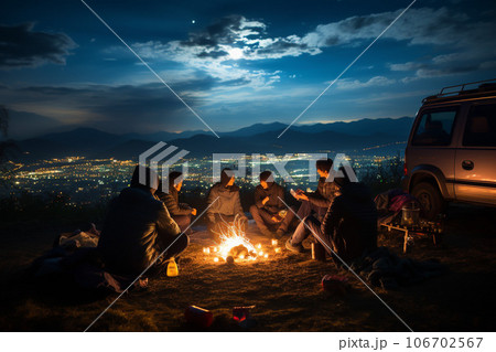 仲間と楽しむキャンプファイヤーのひととき「AI生成画像」 106702567