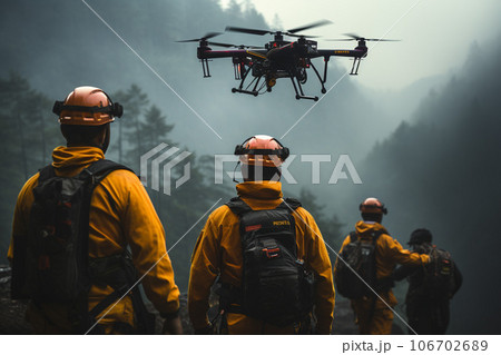 災害救助の現場で活躍するドローン「AI生成画像」 災害救助の現場で活躍するドローン「AI生成画像」 106702689