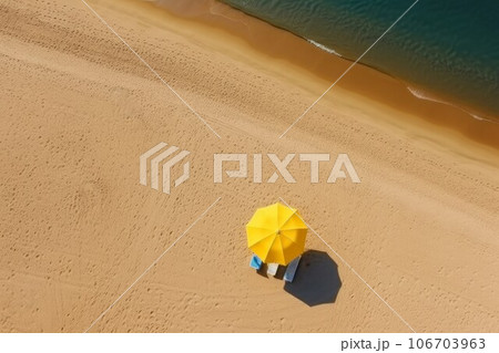 Yellow beach umbrella. Nature sand. Generate Ai 106703963