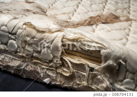 Torn damaged mattress. Garbage bedroom. Generate Ai 106704131