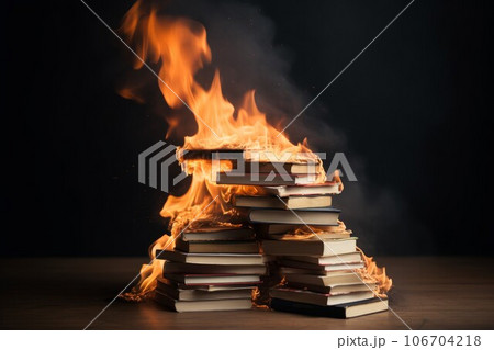 Stack book fire. Hot dark smoke. Generate AI 106704218