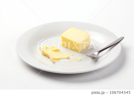 Plate piece butter with fork. Food dairy. Generate AI Plate piece butter with fork. Food dairy. Generate AI 106704345