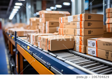 Cardboard boxes, parcels on a conveyor belt at the post office. 106704829