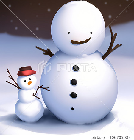 可愛い雪だるまが2つ、こちらを向いて笑ってるイラストのイラスト素材 