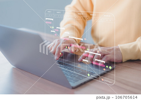 Business man working data analytics with computer in business management system to make report with KPI and metrics connected to database. Corporate strategy for finance, marketing, operations, 106705614