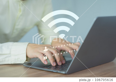 User using a computer laptop to connect to wifi but wifi not connected or password is incorrect and waiting to loading digital data form website, concept technology of waiting for connect to wifi. User using a computer laptop to connect to wifi but wifi not connected or password is incorrect and waiting to loading digital data form website, concept technology of waiting for connect to wifi. 106705616