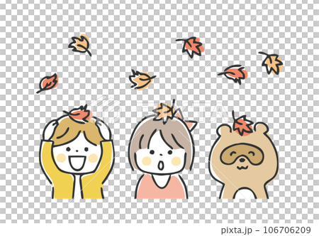 Illustration of autumn leaves, children and raccoon 106706209