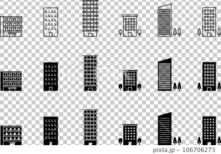 Monochrome icon set of apartments and buildings Monochrome icon set of apartments and buildings 106706273