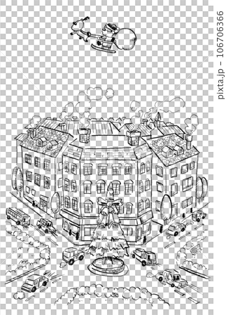 Christmas card - Stylish hand-drawn illustration of a flying Santa Claus and a city at night (monochrome, no text) 106706366