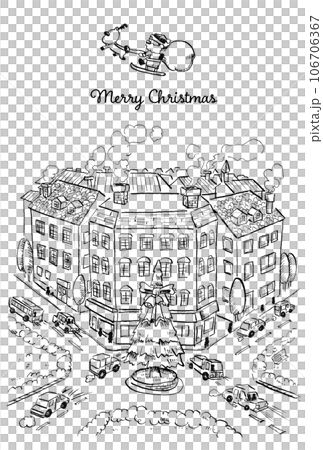 Christmas card - Stylish hand-drawn illustration of a flying Santa Claus and a city at night (monochrome) 106706367