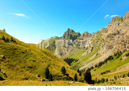 Mountain landscape with green slopes and mountain peaks. Mountain landscape with green slopes and mountain peaks. 106706418