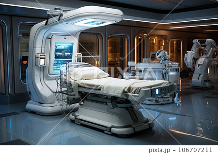 a hospital room with an operating machine on the floor and two medical beds in the fore - lit area behind a hospital room with an operating machine on the floor and two medical beds in the fore - lit area behind 106707211