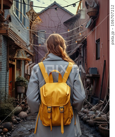 a woman walking down an alley with a yellow backpack on her back she is wearing a gray coat and grey pants 106707212