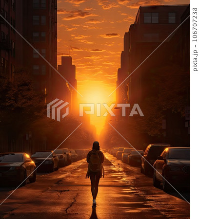 a person walking down the street in the middle of an urban neighborhood at sunset, with cars parked on both sides a person walking down the street in the middle of an urban neighborhood at sunset, with cars parked on both sides 106707238