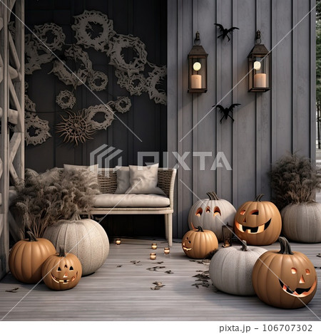 some pumpkins in front of a house with halloween decorations on the outside, and an image of a witch's head hanging 106707302