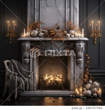 a fireplace with candles, pumpkins and other decorations on the mantle is shown in front of the fire place 106707360