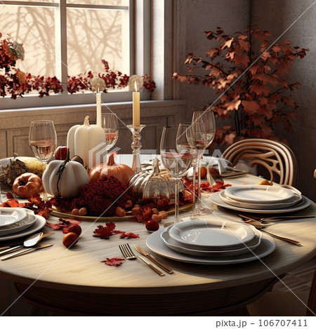 a table set for thanksgiving dinner with candles, plates and uts on the table in front of a window 106707411