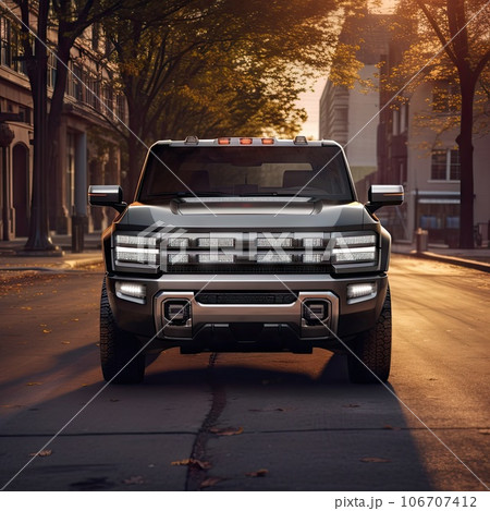 the front end of a silver pickup truck parked on a city street at sunset with trees and buildings in the background 106707412