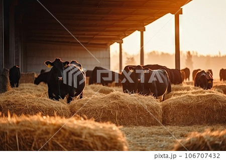 cows in a barn with hay bales on the floor and sun shining through the roof to the cow's face cows in a barn with hay bales on the floor and sun shining through the roof to the cow's face 106707432