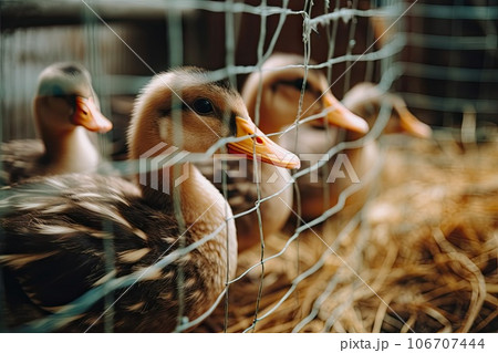 two ducks in a cage, one is looking at the camera and the other is sitting on hay behind it two ducks in a cage, one is looking at the camera and the other is sitting on hay behind it 106707444