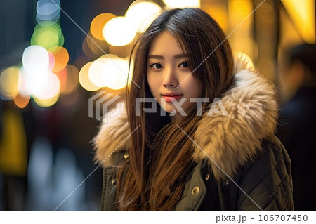 a woman with long brown hair, wearing a fur coat and looking at the camera while standing in front of blurred lights a woman with long brown hair, wearing a fur coat and looking at the camera while standing in front of blurred lights 106707450