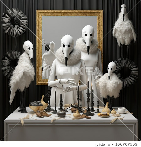 some white birds in front of a table with a mirror and vases on it, surrounded by black feathers some white birds in front of a table with a mirror and vases on it, surrounded by black feathers 106707509