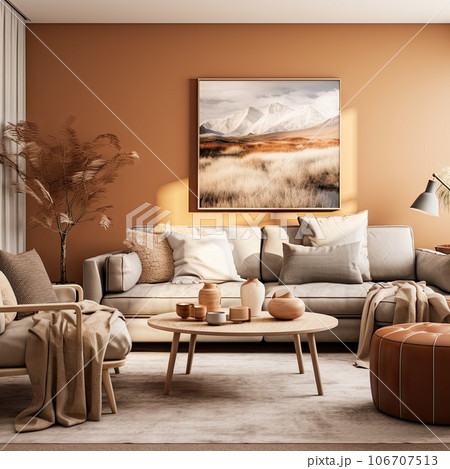 a living room with an orange wall and beige couches, coffee table, pots and plant in the corner 106707513