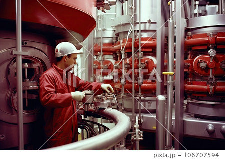 a man working in an industrial area with pipes and valves on either side of his face, wearing a white hard hat a man working in an industrial area with pipes and valves on either side of his face, wearing a white hard hat 106707594