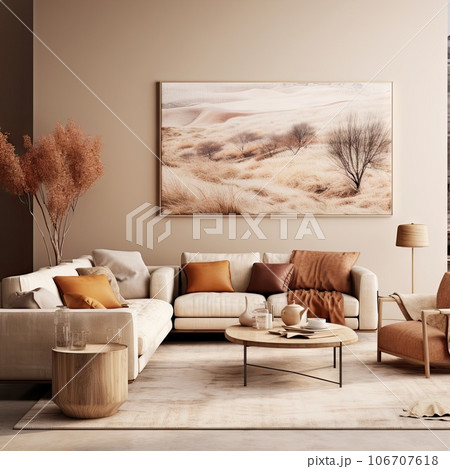 a living room with beige walls, white sofas and orange pillows on the floor in front of the couch is a coffee table 106707618