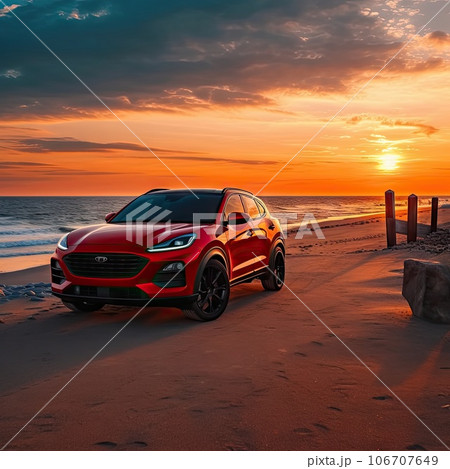 the 2020 hyundai tucson parked on a beach in front of an orange sunset sky with clouds and water behind it 106707649