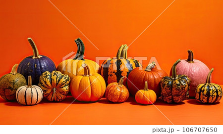 pumpkins and gourds on an orange background with copy - space for your text or image stock photo 106707650